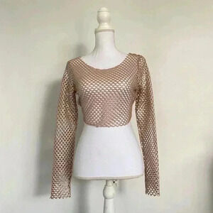 Silver & tan fishnet mesh cropped long sleeve.